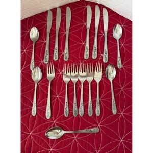 Vintage Rogers Stainless Korea Flatware Set 17pc Rose Floral Pattern Silverware